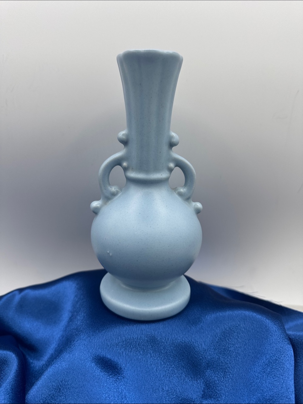 vintage ceramic mid-century double-handled vase, fluted neck & scroll handles.